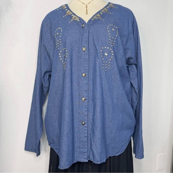 Vintage 90s Denim Long Sleeve Shirt Western Cowgirl Plus Size Gold Studs Buttons - Picture 2 of 8